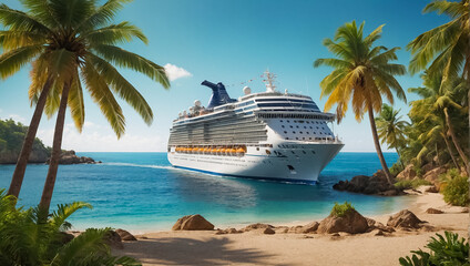 Fototapeta premium Gorgeous cruise ship, tropical beach paradise