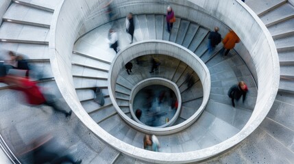 Color image depicting an abstract high angle view of a concrete spiral staircase. We can see the blurred motion of a group of people walking up and down the staircase, giving the impression that 