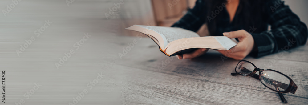 Sticker woman reading holy book, hands close up. stock photo - Stickers