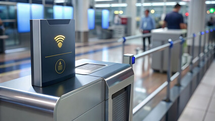 Generative ai. Automated airport security gate with a metal turnstile and a digital screen displaying a green checkmark, situated in a modern