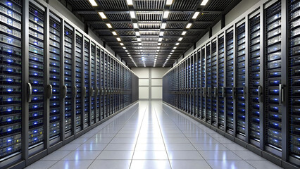 Fototapeta premium Generative ai. A long aisle in a well-lit data center is flanked by rows of server racks on both sides. The server racks are filled with equipment, indicated by numerous blue and green LED lights