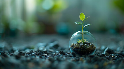 A new sprout grows on a transparent Earth, Image of environmental protection and a sustainable society