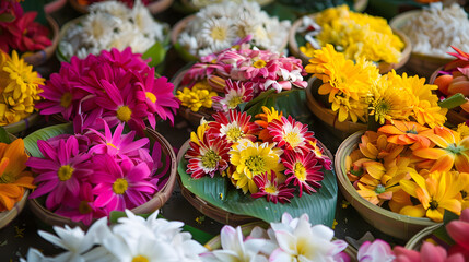 Colorful floral offerings arranged in reverence during Vesak