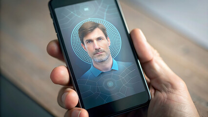 Generative ai. someone is holding a smart phone with a picture of a man on it, your personal data avatar