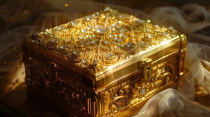 In the soft glow of golden light, the treasure box gleams with polished elegance, its intricate carvings and jeweled embellishments captured in exquisite detail by the HD camera