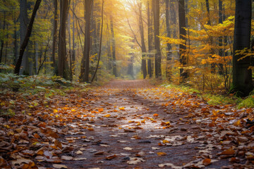 Scenic forest pathway covered with autumn leaves and bathed in soft, warm sunlight.