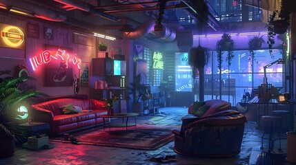 In the soft haze of neon, an urban oasis emerges, blending industrial chic with cozy comfort in a symphony of light and texture - obrazy, fototapety, plakaty