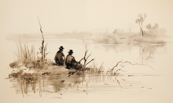 Sepia tone illustration of a father and son sitting on the bank of a marsh, hunting and trapping
