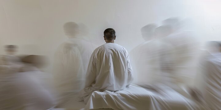 a long exposure photograph of A crazy man in a straitjacket sits on a bed with his back to the viewer. White walls and white bed linen in a hospital room.