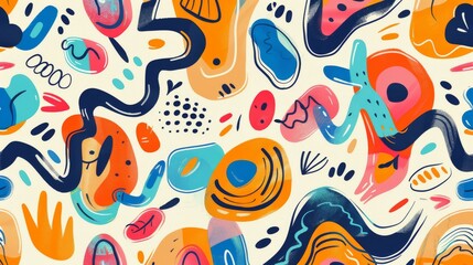 A vibrant abstract pattern with playful shapes and lively colors