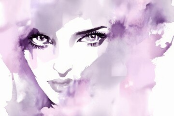 Fototapeta premium Elegant fashion woman with red lips makeup watercolor illustration in purple and pink colors. Young and beautiful girl liquid acrylic painting. Banner with copy space