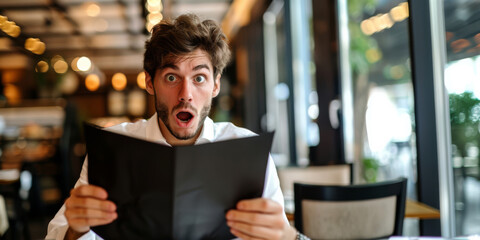 A man in shock holds the menu at a restaurant. He didn't expect to pay that much for food.