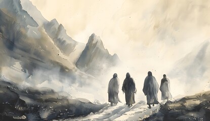 Jesus and Friends Walking in a Calm Desert  - obrazy, fototapety, plakaty