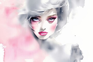 Elegant fashion woman with red lips makeup watercolor illustration in purple and pink colors. Young and beautiful girl liquid acrylic painting. Banner with copy space