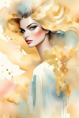 Elegant fashion woman with red lips makeup watercolor illustration in gold and yellow colors. Young and beautiful girl liquid acrylic painting. Banner with copy space