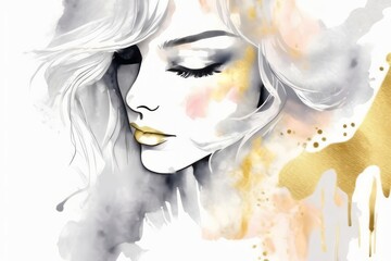Elegant fashion woman in hat with red lips makeup watercolor illustration. Young and beautiful girl liquid acrylic painting. Banner with copy space