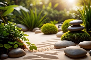 Zen garden, relaxation therapy with balanced landscaping of sand stone greenery