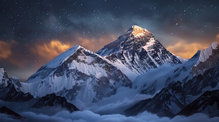 Mount Everest at night with stars on sky , in award winning photography style © Glebstock