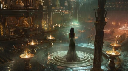 A stunning immortal queen her skin glowing with an otherworldly radiance stands in the center of a lavish chamber. Surrounding her . . - obrazy, fototapety, plakaty