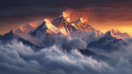 View of the Himalayas during a foggy sunset night. © Glebstock