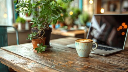 A laptop and a cup of coffee on a cozy cafe table, representing a space for creative work and inspiration. - obrazy, fototapety, plakaty