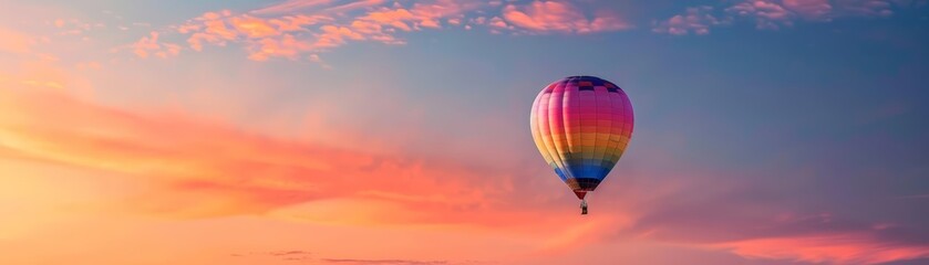 Obraz premium A hot air balloon drifts lazily across a dawn sky, its vibrant patches a quilt of adventure, bright water color