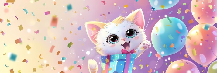 A kawaii cartoon kitten excitedly unwraps a colorful birthday present, its eyes sparkling with excitement under a shower of confetti and pastelcolored balloons