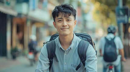 Asian businessman go to work at office stand and smiling wear backpack look at camera with bicycle on street around building on a city, Bike commuting, Commute on bike, Business commuter concept