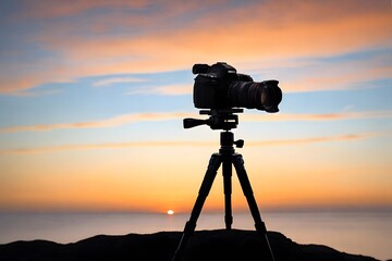 A camera is set up on a tripod with the sun setting behind it. Photography day.