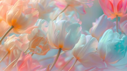 Dreamy and gentle artistic background with colorful tulips merging in a pastel colored flower composition, with soft and gentle hues. Beauty in nature: springtime and summer bring joy and happiness.