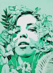 Nature-inspired mint greens pop art portrait of young woman. Contemporary painting. Modern poster for wall decoration - obrazy, fototapety, plakaty