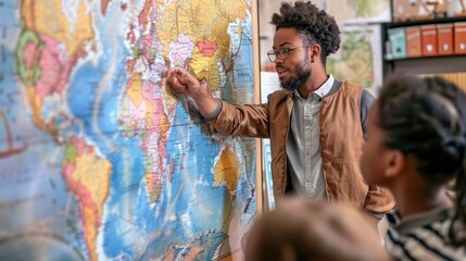 A teacher points to a large, colorful map on the classroom wall, students eyes following the journey of explorers, draw concept