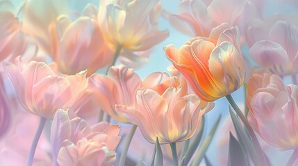Dreamy and gentle artistic background with colorful tulips merging in a pastel colored flower composition, with soft and gentle hues. Beauty in nature: springtime and summer bring joy and happiness.