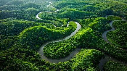 The camera pans across a lush forest canopy, capturing the vibrant hues of green foliage and winding rivers snaking through the landscape in captivating aerial photography