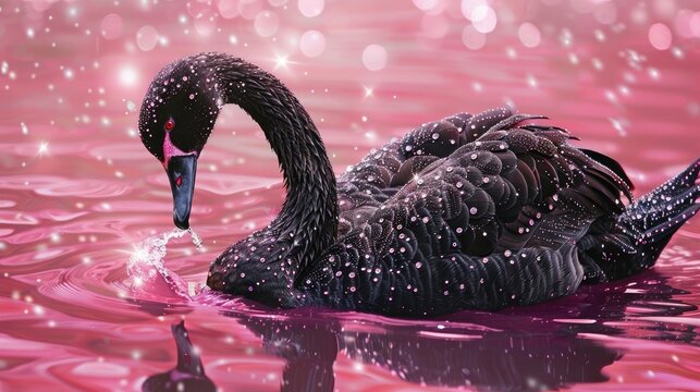 extraordinary black swan covered in diamonds, pink shimmering lake, photorealistic