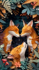 Deep within a mystical, paper art forest, two foxes share a tender moment under an arch of delicately cut leaves and flowers, their noses touching gently