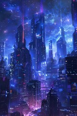 Obraz premium Craft a futuristic cityscape rising towards a starlit sky in a low-angle view for a harmonious concept art piece Infuse sleek metallic structures with neon accents against a deep i