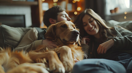 At Home: Happy Couple Play with Their Dog, Gorgeous Brown Labrador Retriever, Boyfriend and...