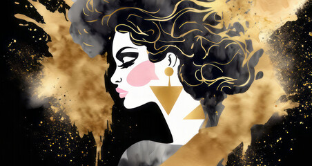 Elegant fashion woman with makeup watercolor illustration in gold and black colors. Young and beautiful girl liquid acrylic painting. Banner with copy space