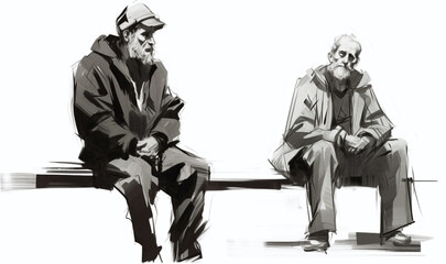 Two older men, seemingly downtrodden, possibly homeless; a sketch