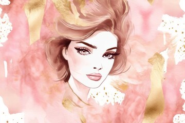 Elegant fashion woman with makeup watercolor illustration in peach and gold colors. Young and beautiful girl liquid acrylic painting. Banner with copy space