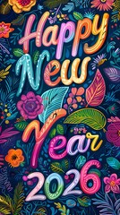 Poster Celebrating New Year with Exotic Flowers and Colorful Letters