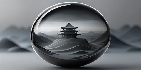 Сrystal ball with Asian pagoda inside. Grayscale scene of nature and architecture set against mountains. Smooth gradients, soft lighting, minimalist aesthetic for meditation and peace