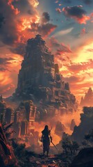 Incorporate a dramatic sunset setting with towering ancient ruins - obrazy, fototapety, plakaty