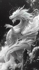 A majestic white dragon stands on a cliff overlooking a sea of clouds. The dragon's scales are shimmering in the moonlight. The background is a starry night sky. - obrazy, fototapety, plakaty