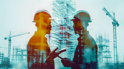 two civil engineers discuss an architectural plan, in a double exposure with a large construction site, in front of a solid white background, creative colors