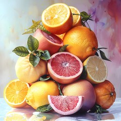 Levitating Citrus Fruits Suspended in Minimalist Digital Composition - obrazy, fototapety, plakaty