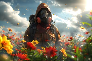 Ominous Contrast: A Masked Figure in a Vibrant Floral Landscape, Symbolizing the Impact of Human Interference on the Natural World - obrazy, fototapety, plakaty