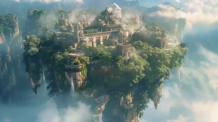 Produce a captivating aerial exploration concept art featuring a mystical floating island enveloped in ethereal mist - obrazy, fototapety, plakaty