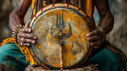 An ancient ritual percussion instrument, a drum or tambourine with a colorful image of a trident held by a male shaman